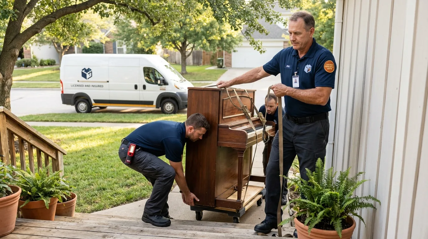 Licensed piano movers securing grand piano in Holbrook, MA