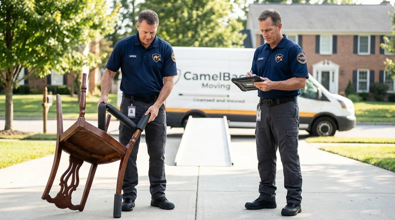 Movers inspecting furniture for damage prevention before loading in Holbrook, MA