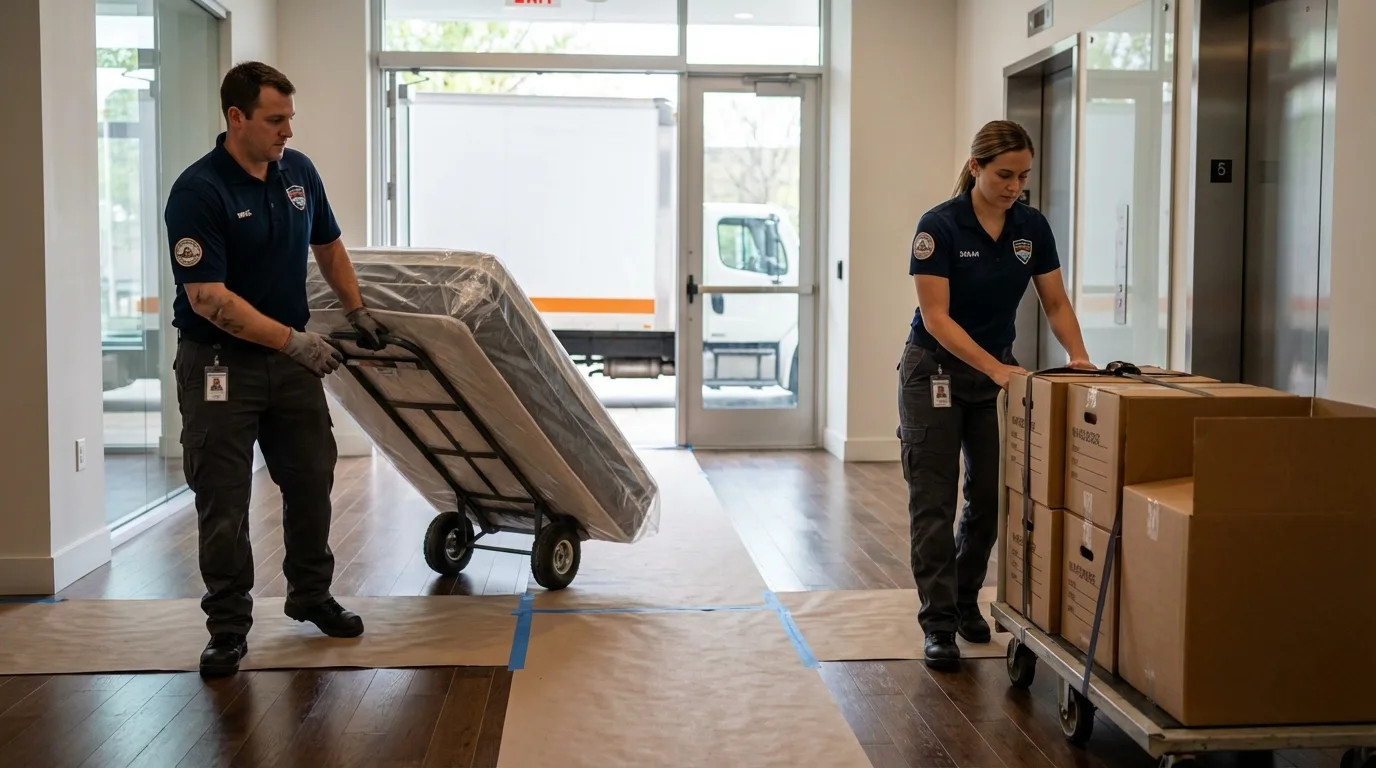 Professional apartment movers loading elevator in Holbrook, MA